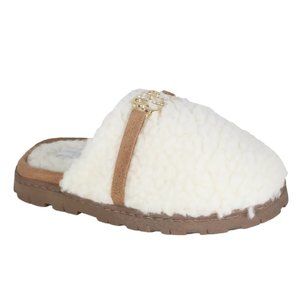 bebe Kids Faux Shearling Logo Slippers XL 4-5 Cream Tan Cozy Warm NIB